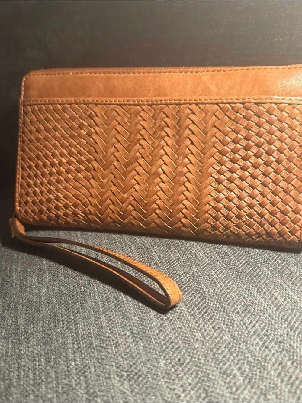 Woven Leather Wristlet Clutch - Tan Pre-owned Good Condition